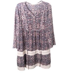 Mimi Chica Women's Floral V-Neck 3/4 Sleeve Pintuck Lace Boho Dress Size 2X